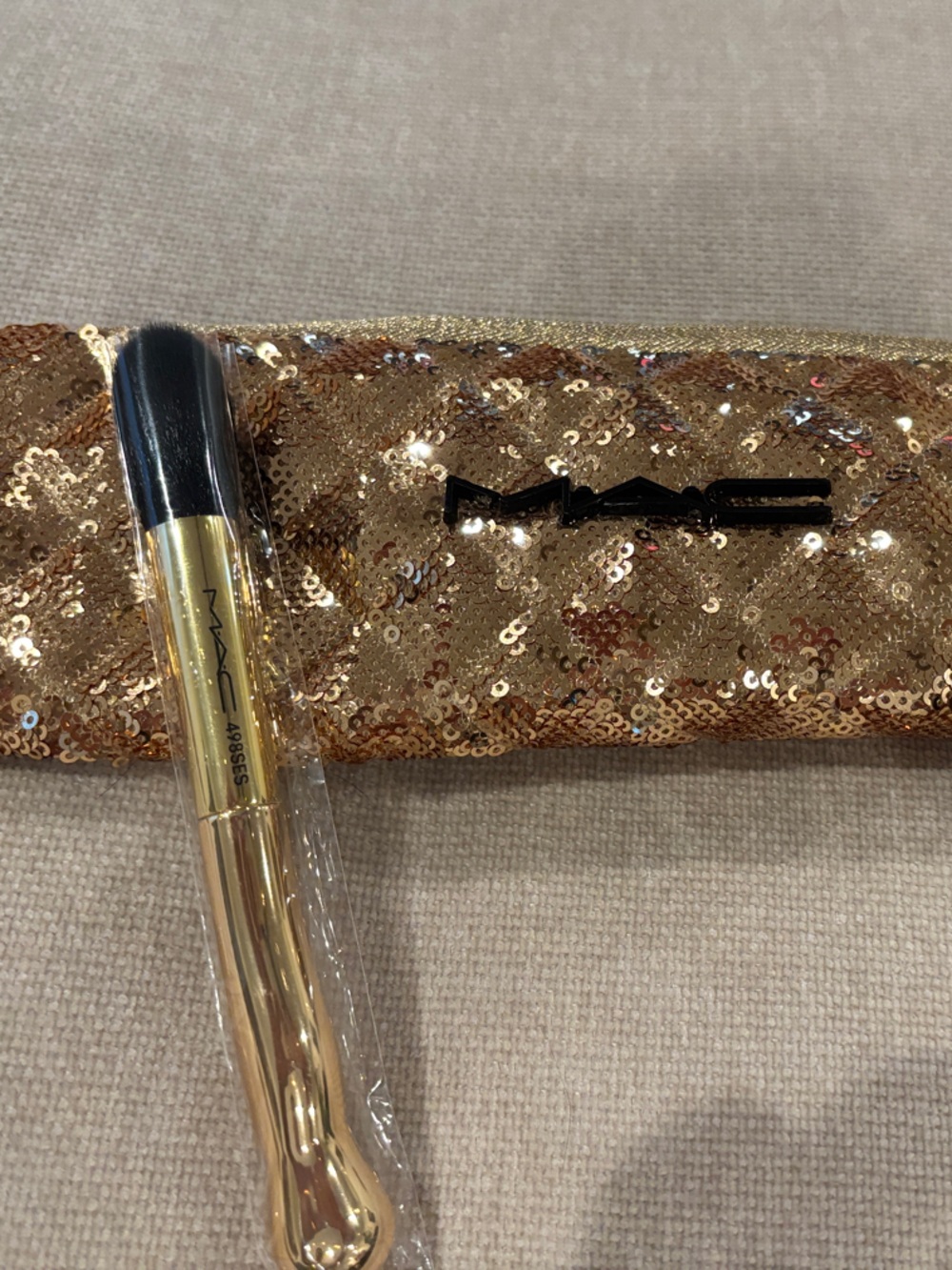 MAC Cosmetics Gold Sequin Brush Pouch with Gold Brush